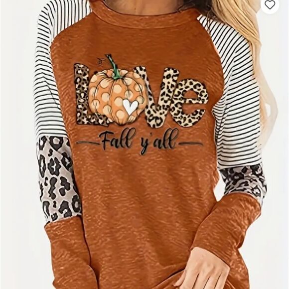 NEW! Love Fall Y'All Long Sleeve Pumpkin T Shirt Leopard Print Stripes Orange - Picture 1 of 5